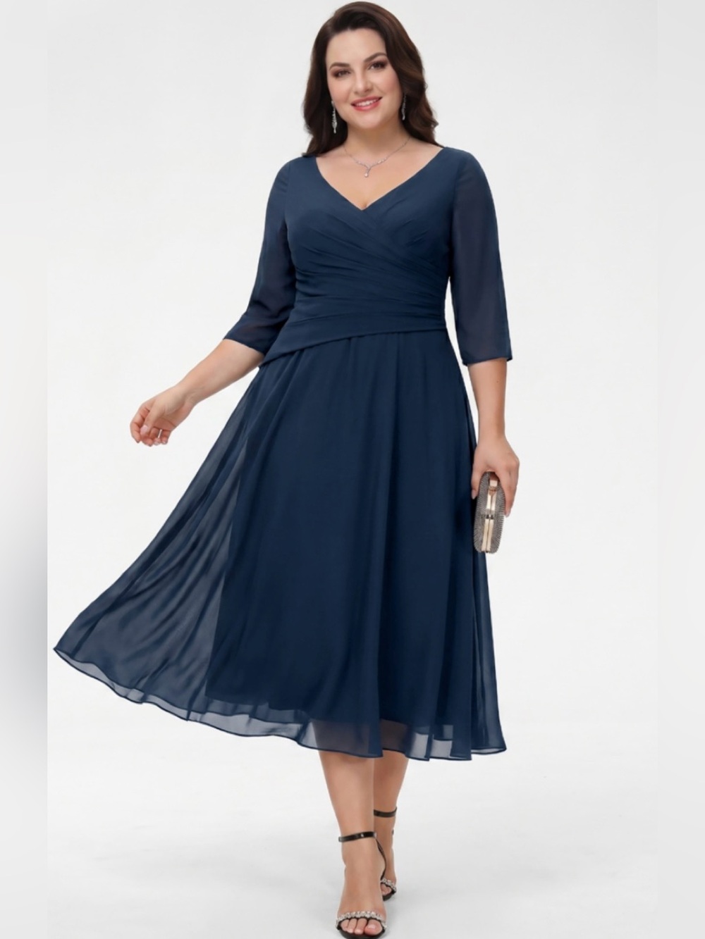 Iizilady, Elegant Navy V-Neck Midi Dress 3/4 Sleeves/ lined/20W